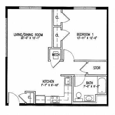 Floor plan for 1 bed, 1 bath, 680 sqft